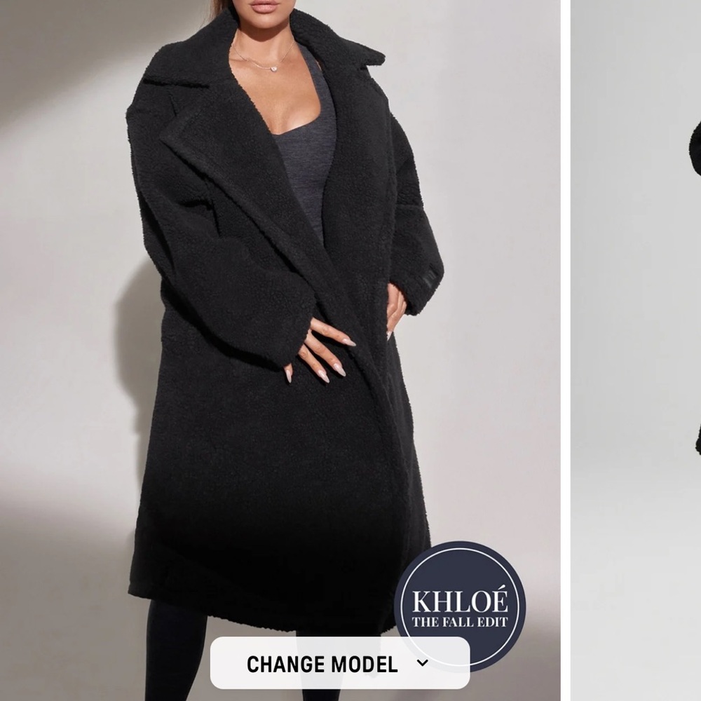 Fabletics open front long teddy coat in black